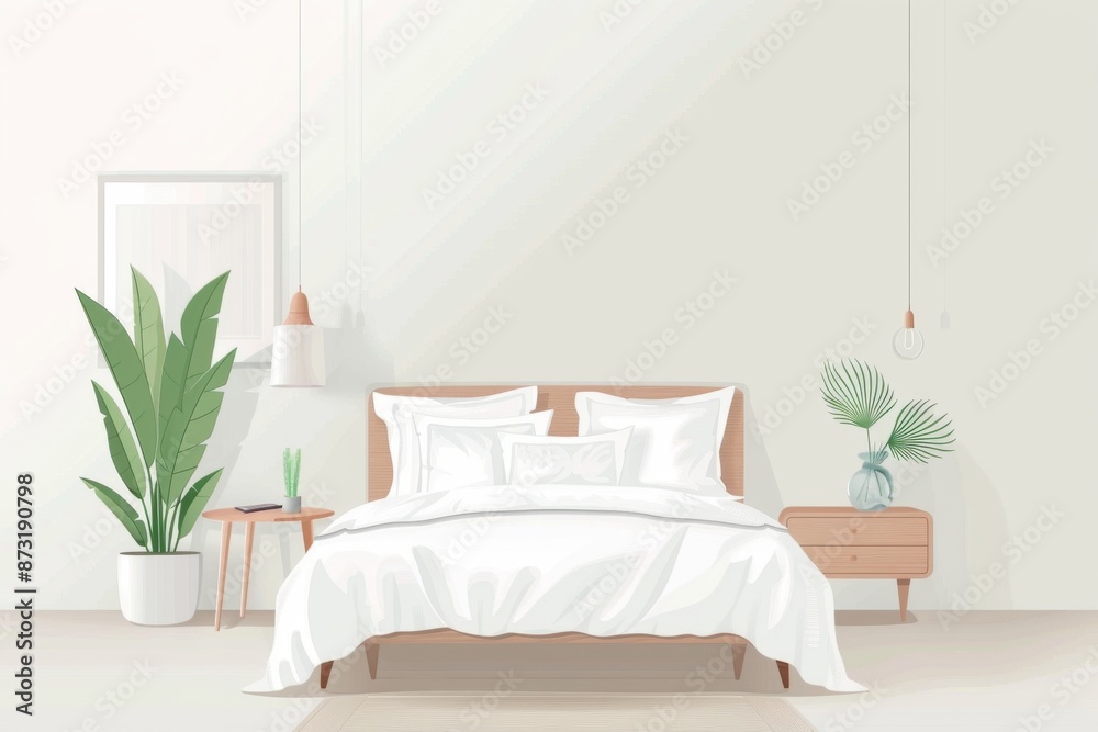 A soothing illustration of a minimalist bedroom with soft linens and cozy pillows. A soothing illustration of a minimalist bedroom with soft linens and cozy pillows.