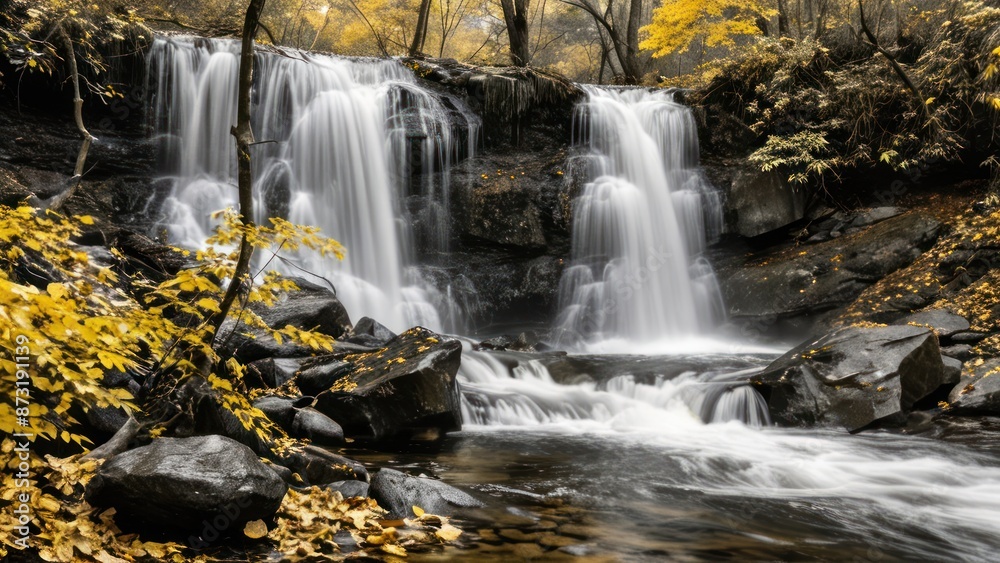 Fototapeta premium waterfall with water shooting in gold as it's yellow object glides over rocks and leaves on the bank of stream below, black and white washed waves, and greying water,