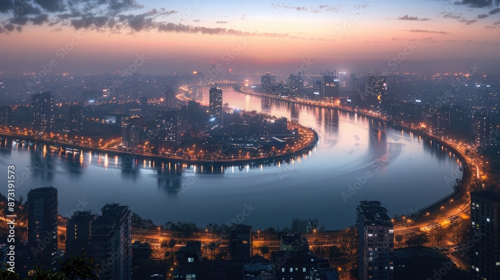 A cityscape at nightfall, with city lights reflected on the calm surface of a river winding through downtown. A cityscape at nightfall, with city lights reflected on the calm surface of a river winding through downtown.