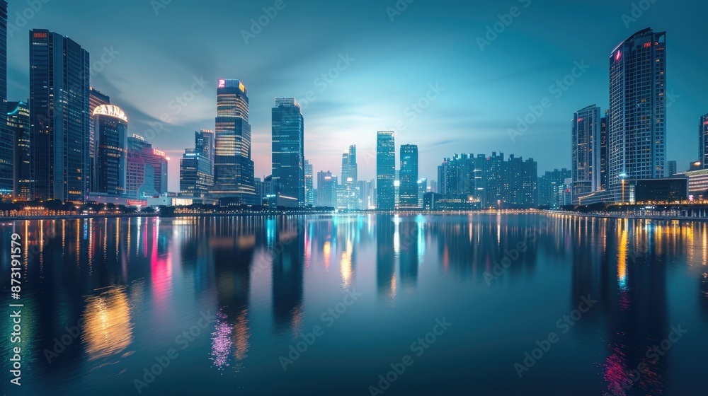 Fototapeta premium A cityscape at nightfall, with the city lights reflected on the surface of a tranquil bay stretching alongside skyscrapers.