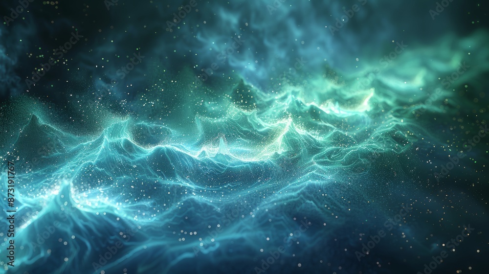 blue background, Particle based movie visualization: glowing green fluorescence, the smallest contour of white ribbon dissolving and disappearing in particles, blue and green, dynamic forces, constrai blue background, Particle based movie visualization: glowing green fluorescence, the smallest contour of white ribbon dissolving and disappearing in particles, blue and green, dynamic forces, constrai