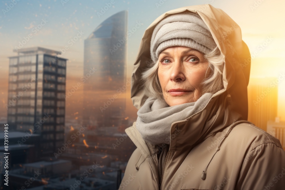 Φωτογραφία Portrait of a glad woman in her 70s wearing a warm parka in modern cityscape bac