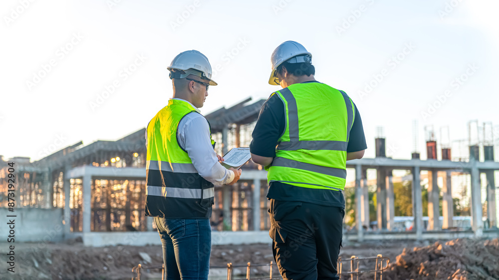 Two Architect man discussing about the building plan and see how the construction progressive at the construction site Two Architect man discussing about the building plan and see how the construction progressive at the construction site