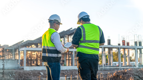 Two Architect man discussing about the building plan and see how the construction progressive at the construction site