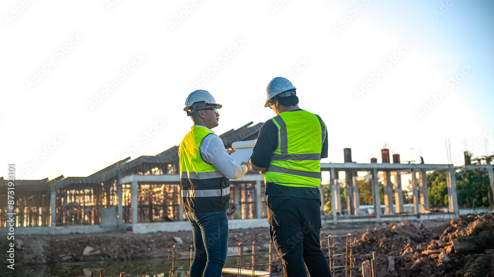 Fototapeta premium Two Architect man discussing about the building plan and see how the construction progressive at the construction site