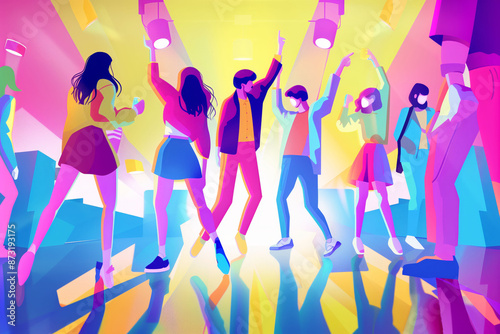 Vibrant group of young people dancing energetically in a nightclub with colorful lights in the background nightlife dance concept