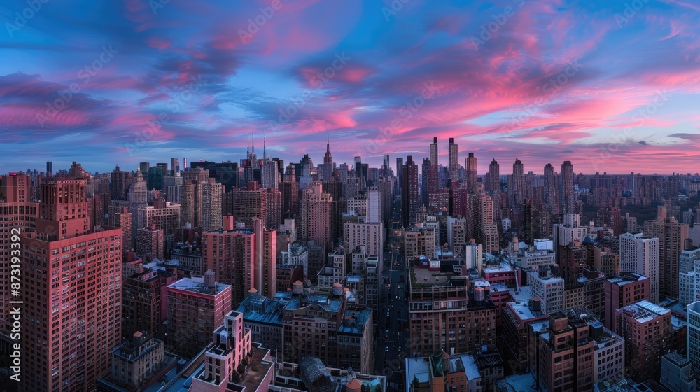 A cityscape at twilight, with the sky transitioning from pink to deep blue, casting a magical glow over the buildings. A cityscape at twilight, with the sky transitioning from pink to deep blue, casting a magical glow over the buildings.