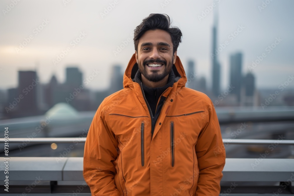 Portrait of a grinning indian man in his 20s wearing a windproof softshell over modern cityscape background Portrait of a grinning indian man in his 20s wearing a windproof softshell over modern cityscape background