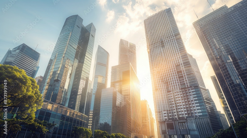 A cityscape during a sunny afternoon, with clear skies and sunlight highlighting the modern architecture of skyscrapers. A cityscape during a sunny afternoon, with clear skies and sunlight highlighting the modern architecture of skyscrapers.