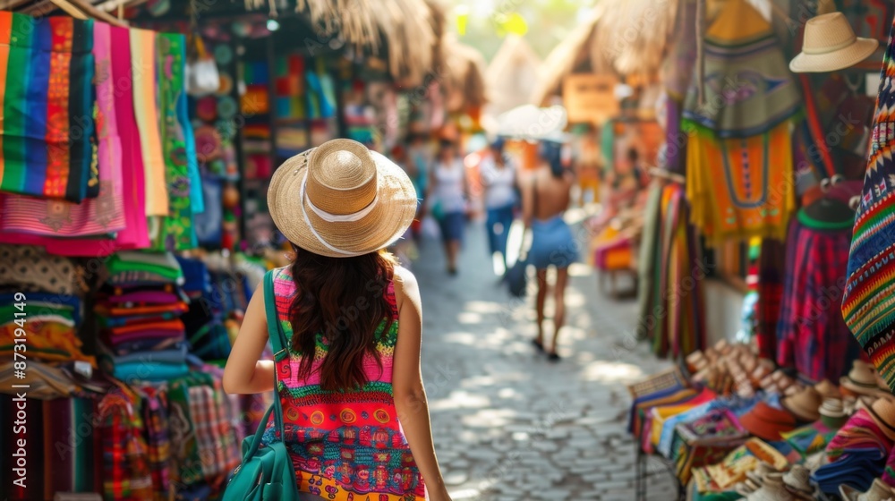 A tourist browsing a local market, filled with colorful goods and vibrant street vendors A tourist browsing a local market, filled with colorful goods and vibrant street vendors
