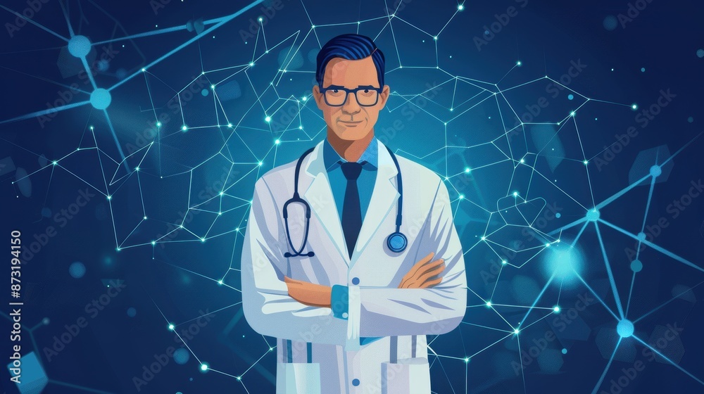 Doctor holding a health icon, electronic medical records, digital healthcare network, illustration background Doctor holding a health icon, electronic medical records, digital healthcare network, illustration background