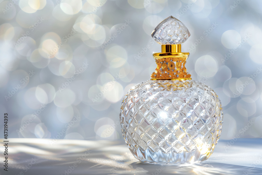 Elegant crystal perfume bottle with golden cap in soft light golden stopper luxury concept Elegant crystal perfume bottle with golden cap in soft light golden stopper luxury concept