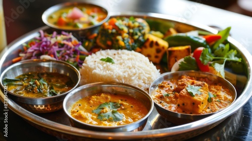 A traditional thali platter with assorted Indian dishes like dal, paneer tikka, vegetable curry, and roti