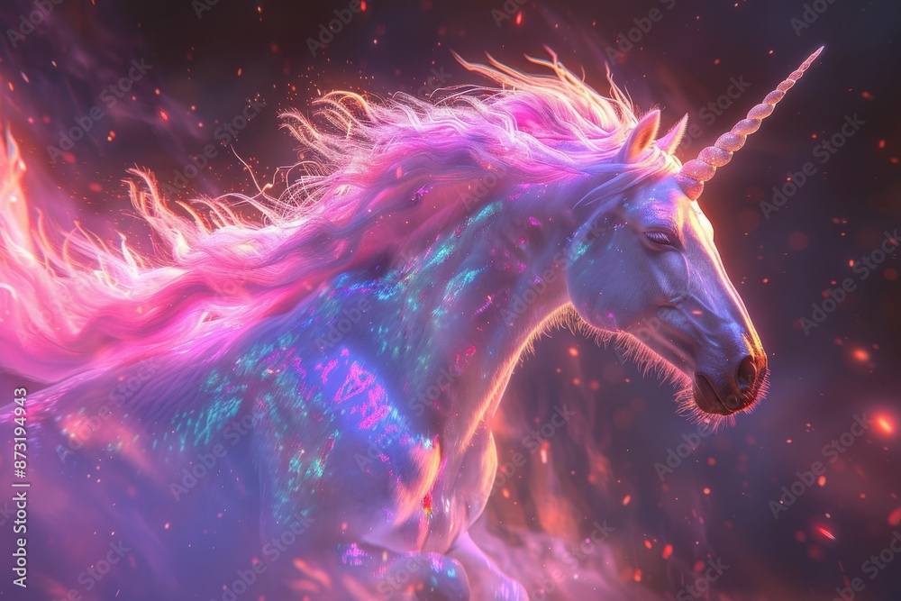 Majestic Unicorn with Glowing Mane in a Mystical Fantasy Setting Majestic Unicorn with Glowing Mane in a Mystical Fantasy Setting
