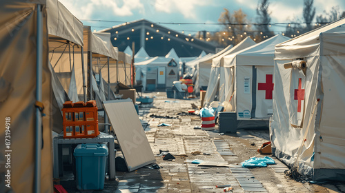 Disaster relief camp with volunteers providing aid photo