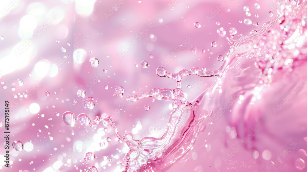 Close-up of pink transparent water with splashes and bubbles. Soft light scatters onto the pink surface of the water. Nature, fluid concept. Close-up of pink transparent water with splashes and bubbles. Soft light scatters onto the pink surface of the water. Nature, fluid concept.