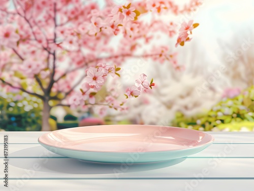 Empty blue and pink plates on marble under the cherry tree photo