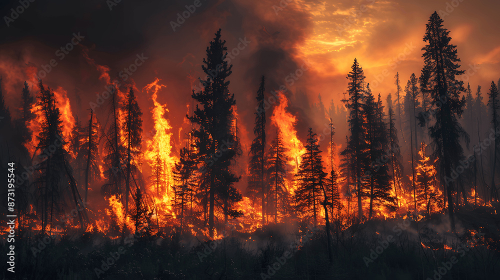 Wildfire raging through forest with billowing smoke Wildfire raging through forest with billowing smoke