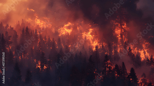 Wildfire raging through forest with billowing smoke