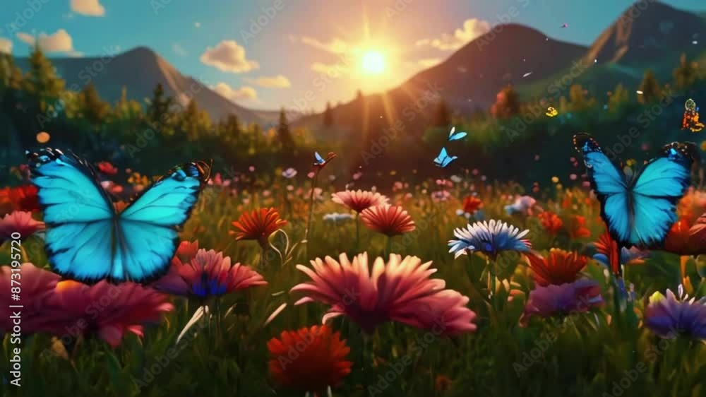 A vast meadow filled with oversized flowers and butterflies that shimmer with iridescent wings, 4K High-Quality animation video A vast meadow filled with oversized flowers and butterflies that shimmer with iridescent wings, 4K High-Quality animation video