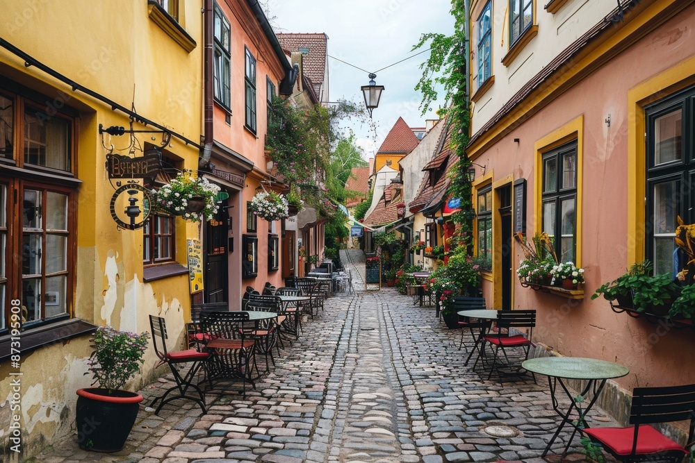 A picturesque cobblestone street is lined with charming cafes and vibrant buildings, evoking a sense of old-world charm. The warm glow of street lamps adds to the romantic ambiance. A picturesque cobblestone street is lined with charming cafes and vibrant buildings, evoking a sense of old-world charm. The warm glow of street lamps adds to the romantic ambiance.
