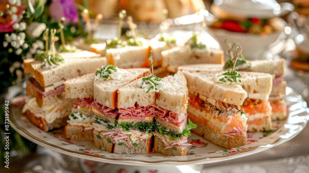 A variety of finger sandwiches arranged beautifully on a platter for a tea party A variety of finger sandwiches arranged beautifully on a platter for a tea party