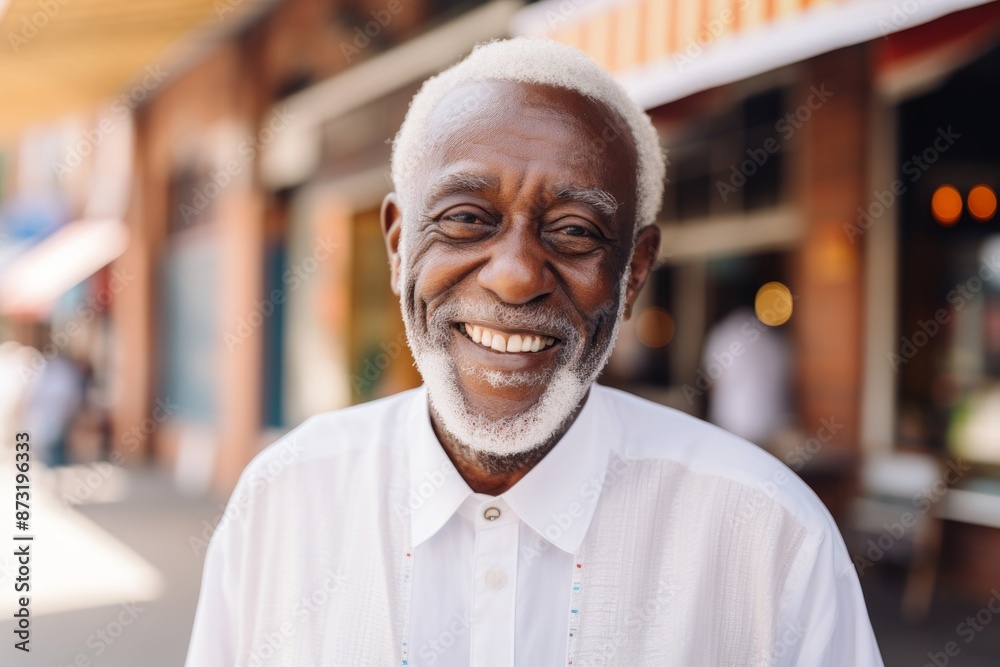 Portrait of a smiling afro-american elderly 100 years old man wearing a classic white shirt isolated on vibrant market street background Portrait of a smiling afro-american elderly 100 years old man wearing a classic white shirt isolated on vibrant market street background
