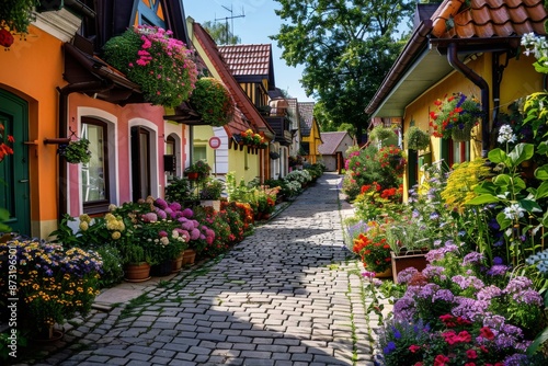 Quaint houses adorned with colorful flowers celebrate the first day of greenery in Poland. The charming street is filled with vibrant floral displays. © Jennie Pavl