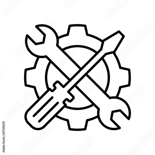 Fix service tools, wrench and screwdriver, repair instruments, simple line icon. Gears logo line black icon collections. Wheel cogwheel vector.