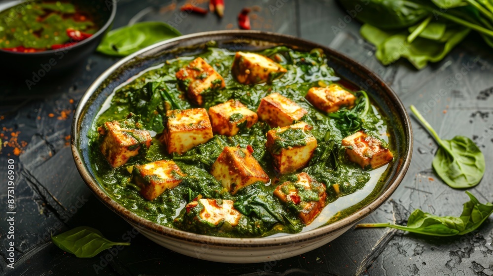 A vibrant bowl of spinach saag paneer curry with soft cubes of paneer cheese A vibrant bowl of spinach saag paneer curry with soft cubes of paneer cheese