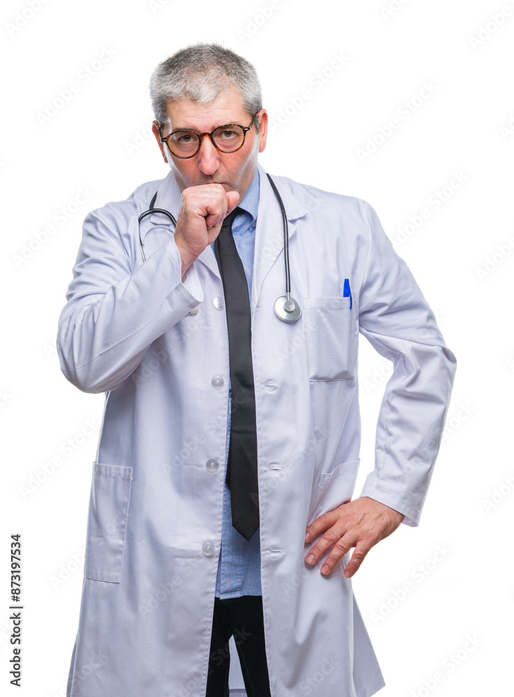 Handsome senior doctor man over isolated background feeling unwell and coughing as symptom for cold or bronchitis. Healthcare concept. Handsome senior doctor man over isolated background feeling unwell and coughing as symptom for cold or bronchitis. Healthcare concept.