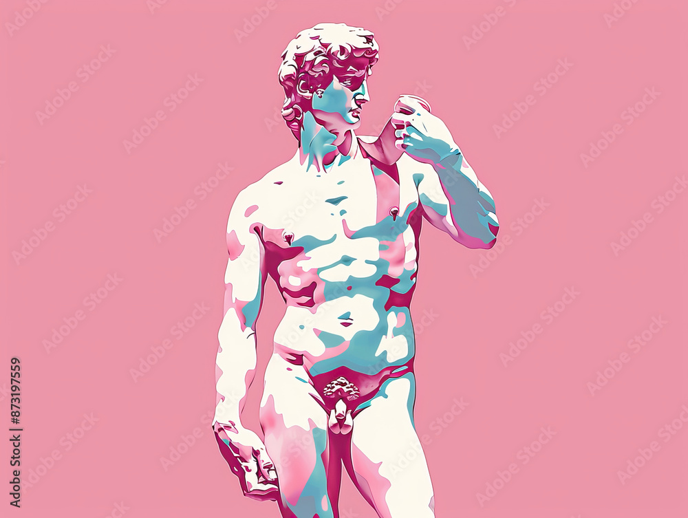Fototapeta premium Risograph riso print travel poster, card, wallpaper banner illustration, modern, clear, simple of Statue of David, Florence, Italy. Artistic, landmark printing, stencil backdrop background