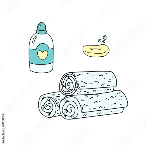 vector illustration, sauna accessories, rolled towels, soap, jar with a heart, outline drawing