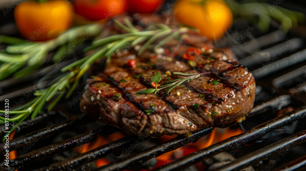 Juicy grilled steak garnished with herbs, served with bright crispy vegetables. An appetizing piece of meat cooked over an open fire. Food concept. Juicy grilled steak garnished with herbs, served with bright crispy vegetables. An appetizing piece of meat cooked over an open fire. Food concept.