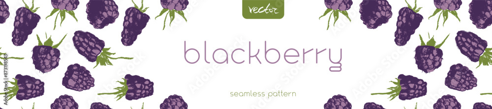 Fototapeta premium Vector floral banner template with abstract blackberry hand drawn illustrations. Black raspberries pattern seamless for packaging. Juice or jam label design. Black berry background.