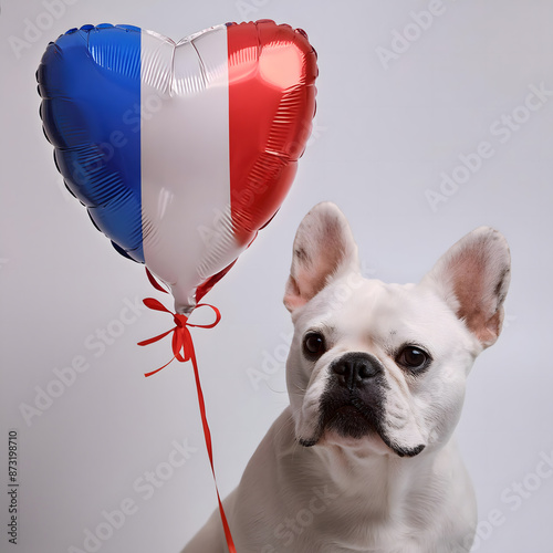 hund, bulldogge, mit, luft, ballon, fahne, flagge, frankreich, bastille, tag, 14th, of, july, national, feiertag, nationalfeiertag, neu, modern, tier, weiß, atelier, studio, isoliert, modern, süss, ad photo