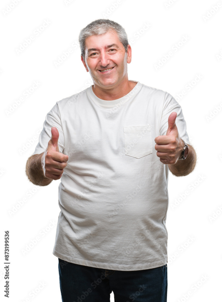 Handsome senior man over isolated background approving doing positive gesture with hand, thumbs up smiling and happy for success. Looking at the camera, winner gesture. Handsome senior man over isolated background approving doing positive gesture with hand, thumbs up smiling and happy for success. Looking at the camera, winner gesture.