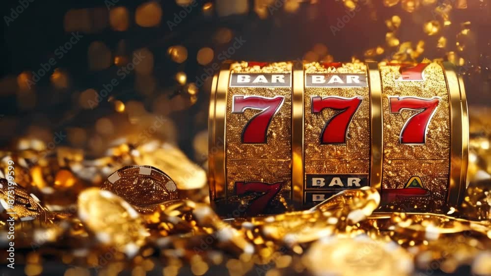 A golden slot machine with multiple seven symbols, adorned with gifts and surrounded by bokeh lights, creating a celebratory atmosphere