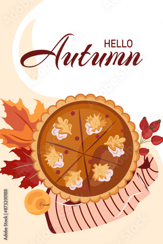 Wallpaper Mural Hello autumn trendy card with Thanksgiving pumpkin pie. Autumn, harvest, holiday, fall concept. Cozy vector template poster, invitation, card, flyer, cover, banner with traditional American cake. Torontodigital.ca