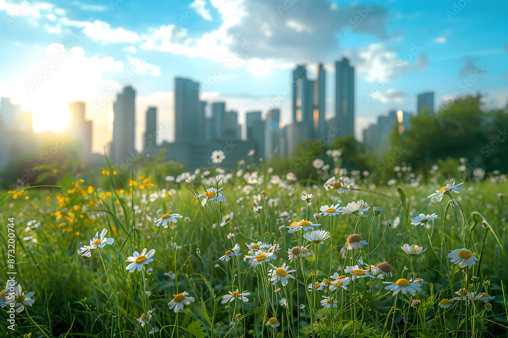 A beautiful meadow with lush greenery and flowers, with a city skyline of skyscrapers in the background, blending nature and urban life. A beautiful meadow with lush greenery and flowers, with a city skyline of skyscrapers in the background, blending nature and urban life.