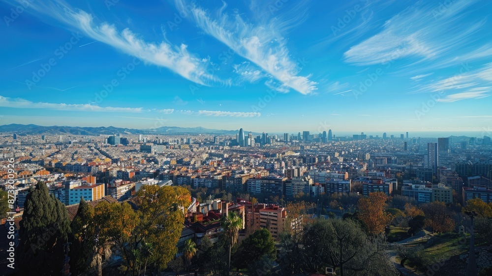 Obraz premium A cityscape during a sunny afternoon, with clear blue skies and shadows casting interesting patterns on the cityscape below.