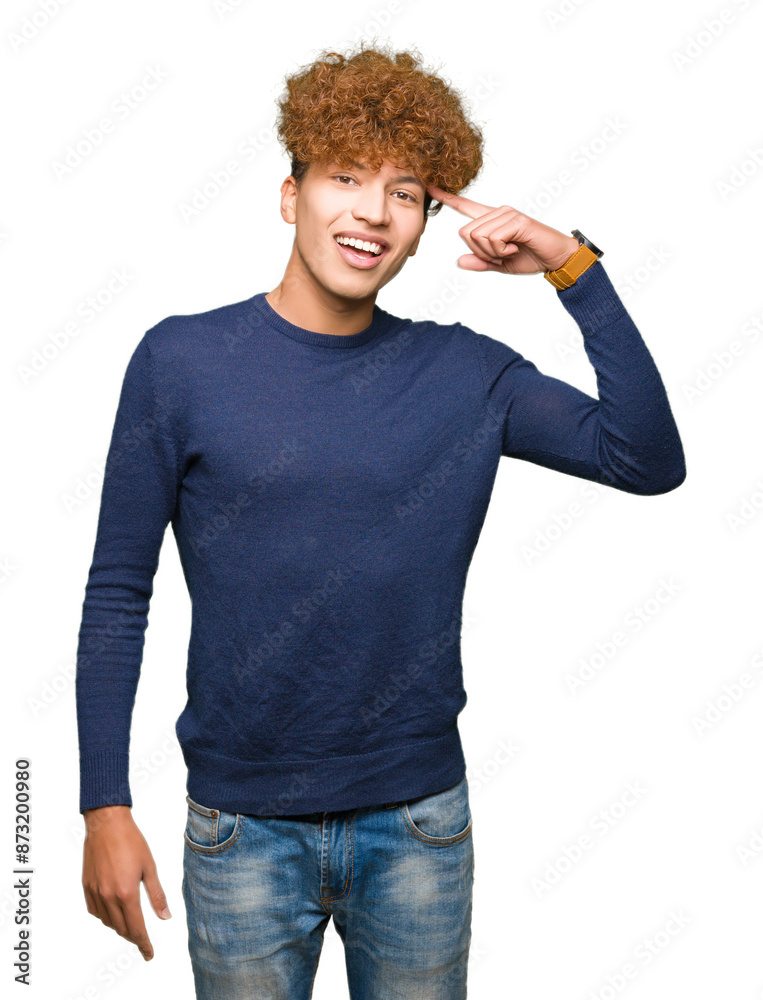 Young handsome man with afro hair Smiling pointing to head with one finger, great idea or thought, good memory