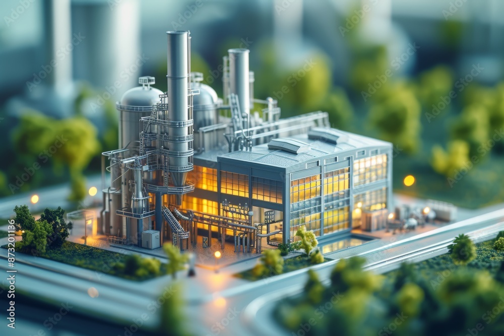 Fototapeta premium Building of facility design. Factory or manufacturing facility or plant, energy and resource delivery and collection see through model