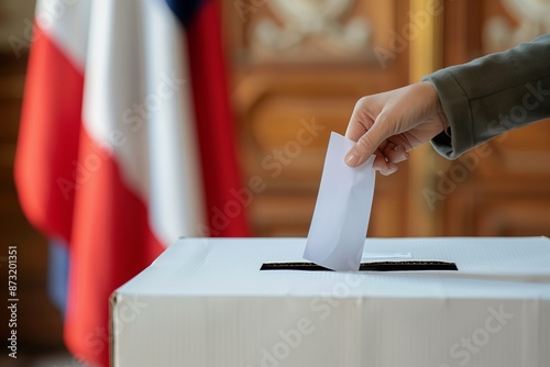 Close-up image of a person’s hand casting a vote by placing a ballot paper into a ballot box. photo