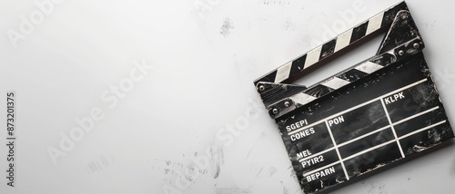 A black and white movie clapperboard sits on a white background