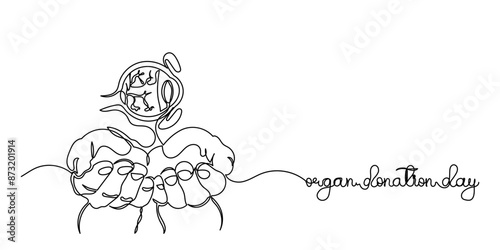 Continuous line drawing of World Organ Donation Day with an eye for Transplantation, Hand holding human realistic liver, heart, kidneys, lungs. World Organ Donation Day is on the 13th of August.
