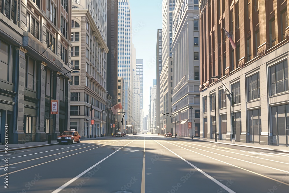 Obraz premium A realistic financial district street scene, no cars, no text, no logos, bright lighting, with ample blank space, room for cars to be added later, detailed buildings, modern architecture, clean sidewa