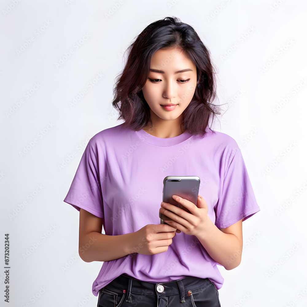 a beautiful asian woman hold a handphone on white isolated background a beautiful asian woman hold a handphone on white isolated background