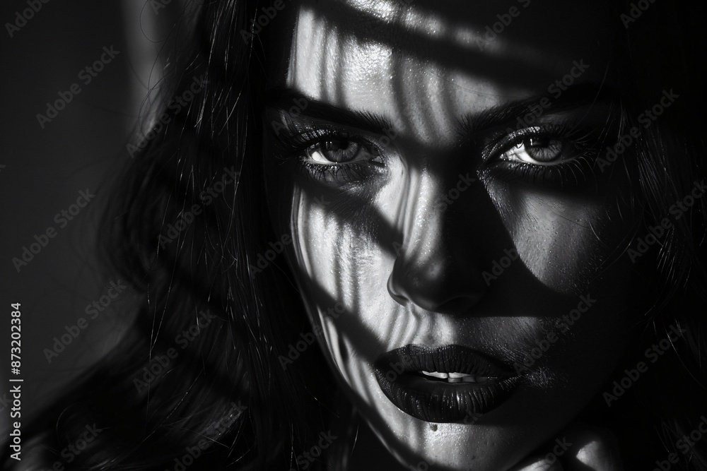 Fototapeta premium Black and white portrait of a beautiful woman with shadows on her face, high contrast, isolated on a black background, dramatic lighting, studio shot, copy space for text, in the style of.