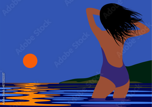 A beautiful woman, illuminated by the sun, standing in the water and admiring the sunset. Summer, summer time. Theme of rest and vacation. Pop art style illustration. Vector illustration